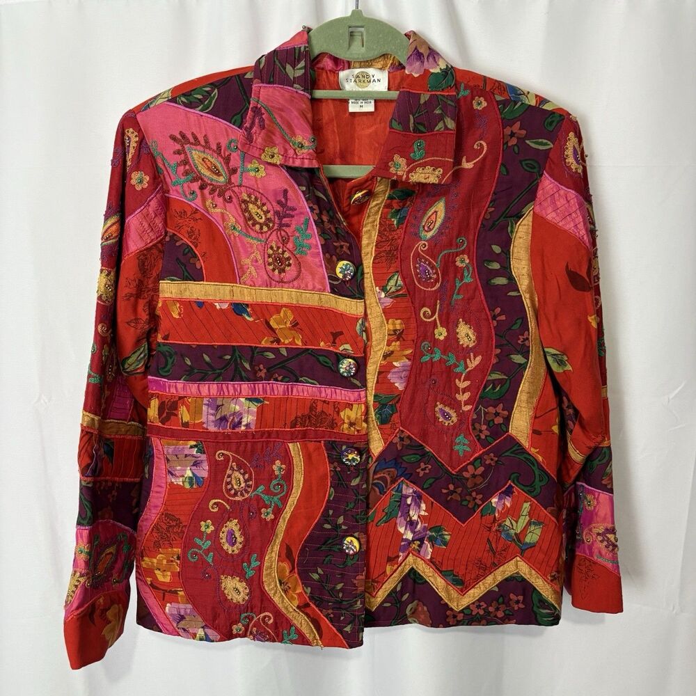 Vintage Sandy Starkman Patchwork Jacket Women’s Size M Beaded Embroidered‎ Silk